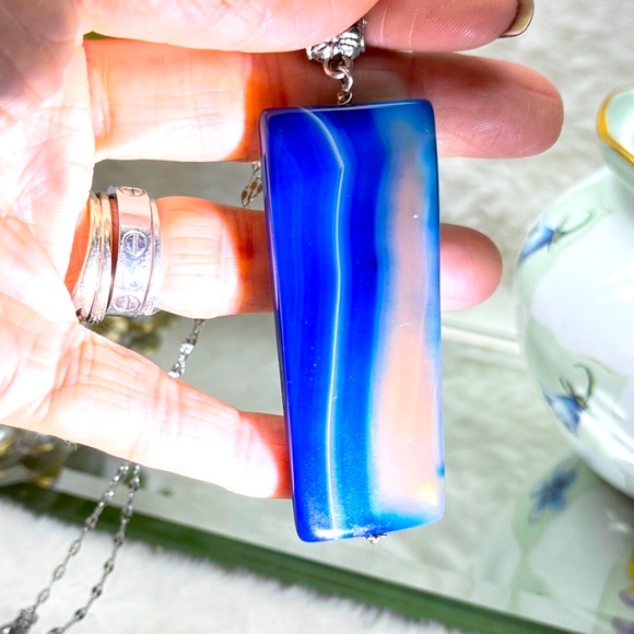 Glass Blue and Orange Pendant Necklace with SS Chain - Picture 4 of 8